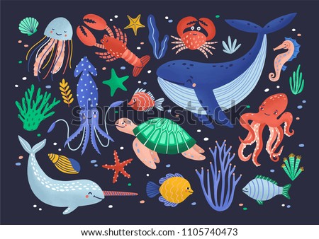 Collection of cute funny smiling marine animals - mammals, reptiles, molluscs, crustaceans, fish and jellyfish isolated on dark background. Sea and ocean fauna. Flat cartoon vector illustration.