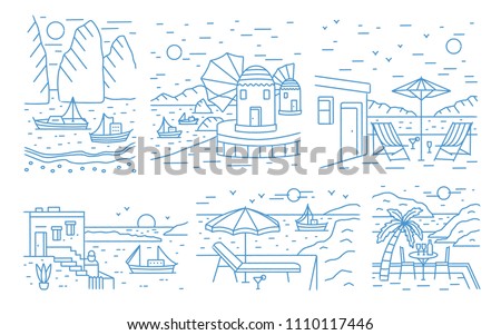 Collection of summer landscapes with sea or ocean, mountains, sailing yachts and seaside resort drawn with contour lines on white background. Monochrome vector illustration in modern lineart style