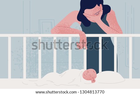 Sad tired woman leaning over newborn baby sleeping in crib and covering face with hand. Concept of postpartum or postnatal depression, mood disorder following childbirth. Flat vector illustration.