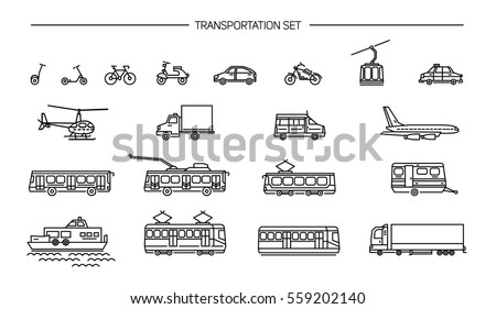 Lineart icon set with ground transport, aviation and water transportation on white background. Collection with bike, bus, trolley, subway, train, car, airplane, scooter, funicular, tram, plane, boat.