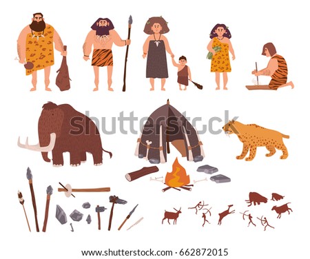 Set of Stone Age theme. Primitive people, children, mammoth, dwelling, hunting and labor tools, saber-toothed tiger, fire, rock carvings. Colorful vector collection in cartoon style.
