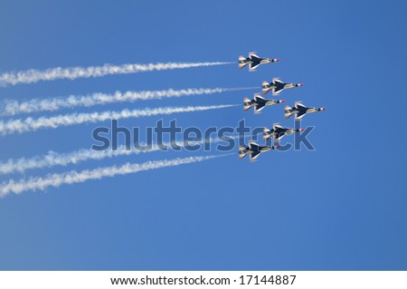 The U.S. Air Force Thunderbirds team shows aerobatic maneuvers in the sky on The great New England Air Show in Westover ARB, Massachusetts , USA, September 6th, 2008.