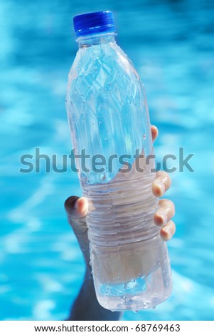 Bottle of water in a hand against water