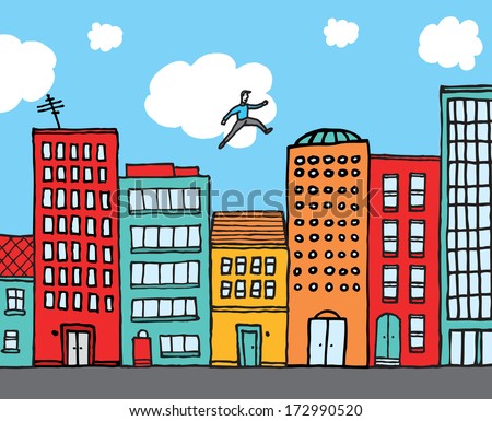 Cartoon illustration of a man practising parkour over buildings in an urban skyline