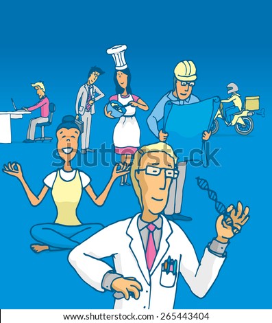Cartoon illustration of people working at different jobs and professions