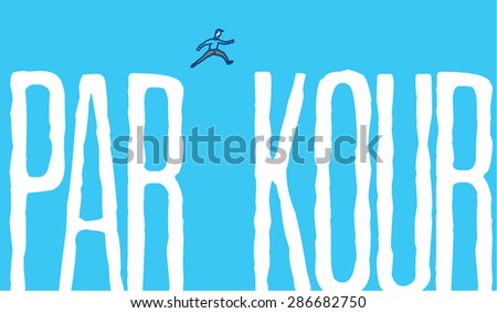 Cartoon illustration of man jumping over gap of parkour word