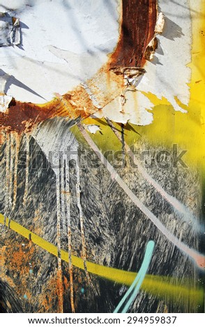 Photograph of urban random collage background or over-layered paper texture