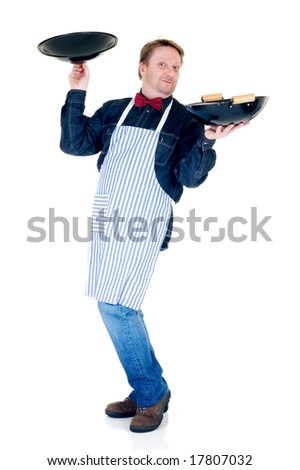 Happy cook showing wok on white background, reflective surface