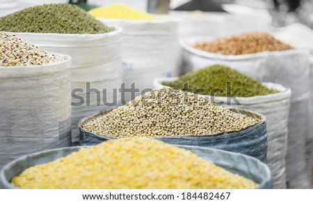 Grains in bags on oriental market