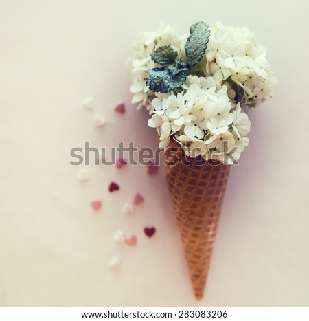 Ice cream\'s imitation in waffle cone decorated mint leaves. hydrangea flowers in waffle cone with mint leaves. Herbarium.