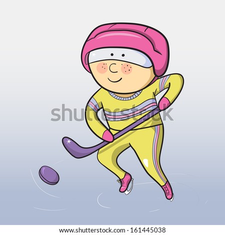Cartoon smiling hockey player, winter sports, vector illustration
