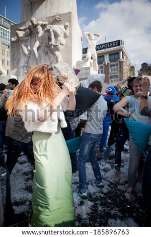 Amsterdam, The Netherlands, Noord Holland - Saturday, April 5th 2014 - Pillow Fight on Dam Square