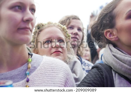 Traena, Norway - July 10 2014: during the concert of the Norwegian folk rock band Hekla Stalstrenga at the Traenafestival, music festival taking place on the small island of Traena