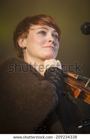 Traena, Norway - July 10 2014: concert of the Norwegian folk rock band Hekla Stalstrenga at the Traenafestival, music festival taking place on the small island of Traena.