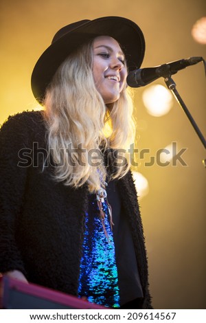 Traena, Norway - July 10 2014: during the concert of the Swedish folk rock band First Aid Kit at the Traenafestival, music festival taking place on the small island of Traena