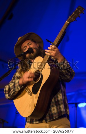 Traena, Norway - July 10 2014: during the concert of the indie-folk band from Berlin Mighty Oaks at the Traenafestival, music festival taking place on the small island of Traena