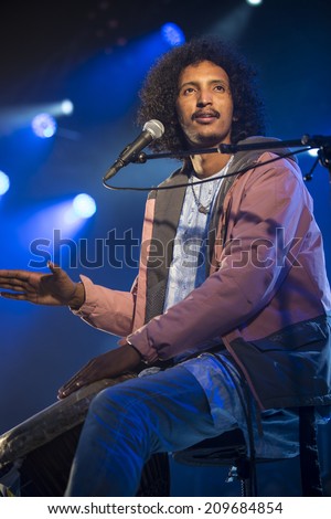 Traena, Norway - July 10 2014: during the concert of the Malian traditionnal and pop rock band Tamikrest at the Traenafestival, music festival taking place on the small island of Traena