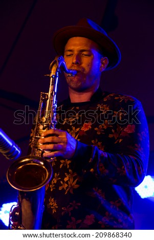 Traena, Norway - July 11 2014: during the concert of the Norwegian experimental jazz band Pixel  at the Traenafestival, music festival taking place on the small island of Traena