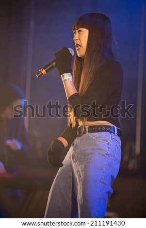 Traena, Norway - July 12 2014: during the concert of the Danish electro-rap singer Linkoban at the Traenafestival, music festival taking place on the small island of Traena