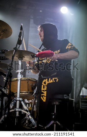 Traena, Norway - July 12 2014: during the concert of the Danish electro-rap singer Linkoban at the Traenafestival, music festival taking place on the small island of Traena
