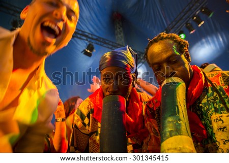 Amsterdam, The Netherlands - July, 5 2015: concert of Congolese band Kasai Allstars during Amsterdam Roots Open Air, a cultural festival held in Park Frankendael on 05/07/2015