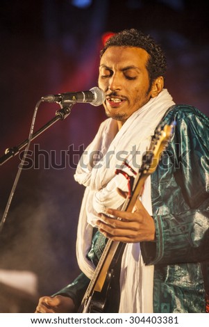 Traena, Norway - July 10 2015: concert of rock blues world music Nigerien Tuareg artist Omara \