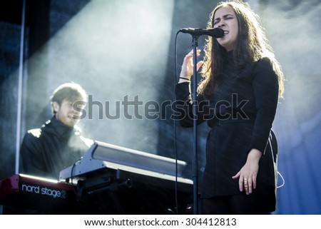 Traena, Norway - July 10 2015: concert of pop rock Norwegian artist Emilie Nicolas at Traenafestival, music festival taking place on the small island of Traena