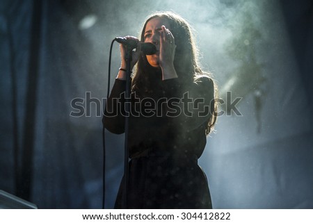 Traena, Norway - July 10 2015: concert of pop rock Norwegian artist Emilie Nicolas at Traenafestival, music festival taking place on the small island of Traena