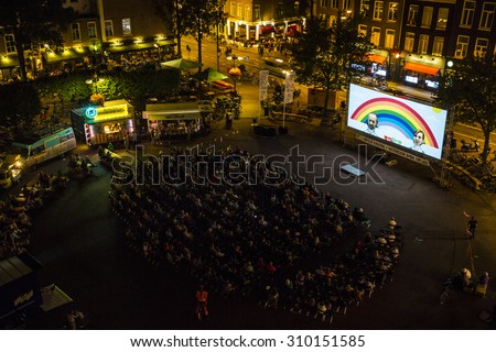 Amsterdam, The Netherlands - August 21 2015: open air screening of Peruvian film A Los 40  at Marie Heinekenplein, during World Cinema Amsterdam, a world film festival held from 14 to 23/08/2015