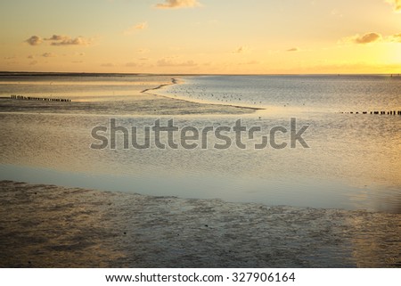 Maritime landscape at sunset with reflection of clouds in low tide water, Waddenzee, Friesland, The Netherlands