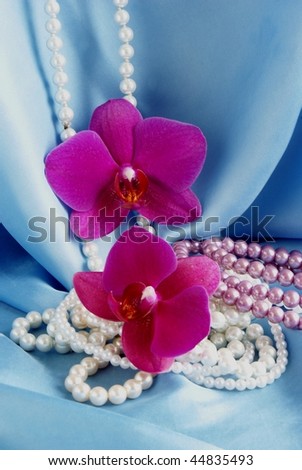 pearls necklaces and purple orchid flowers