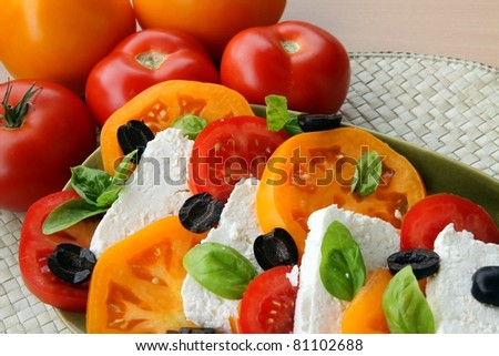 mozzarella cheese with tomato,olive and basil herb