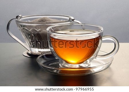 cup of gold hot tea and sugar in basin