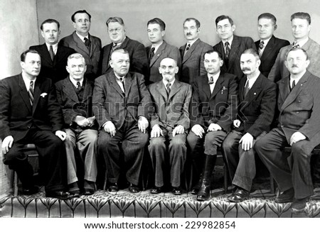 JASLO,POLAND - CIRCA 1953 : vintage photo of men\'s group
