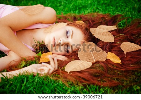 pretty girls with brown hair and green. stock photo : Young pretty