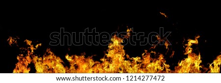 Real fire line flames isolated on black background. Mockup fire wall.