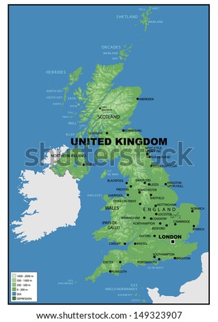 Physical map of United Kingdom
