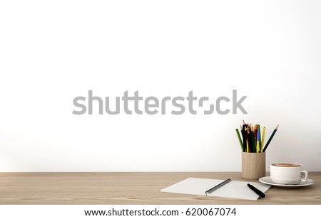 Pen , pencil set ,cup of coffee and notebook on wood table , copy space of stationary , working space