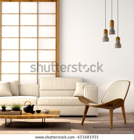 interior design,modern living room with sofa,armchair,table,lamp,wood floor and  white wall,was designed specifically for the big family who love in japanese style,3d illustration,3d rendering