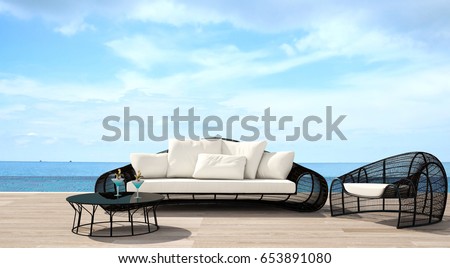 Beach living on Sea view,take summer  for Vacation time at resort decoration with Sofa on wood floor and swimming pool and blue sea in blue sky background , 3d rendering,3d illustration