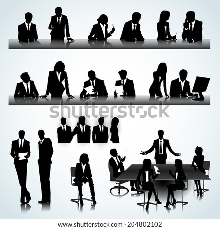 Set of business people silhouettes on the office background