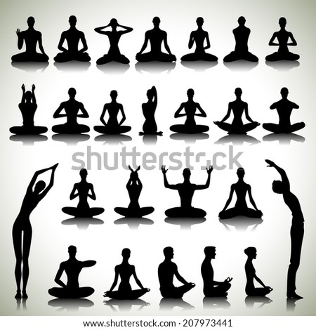 Male and female silhouettes in yoga pose on abstract background
