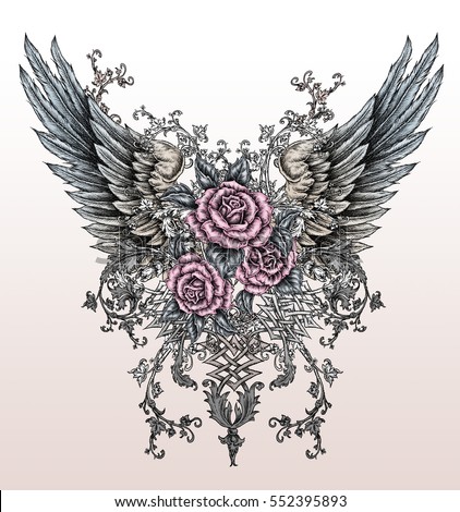hand drawn wings with roses in tattoo style.