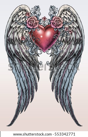 hand drawn wings with heart and roses in tattoo style