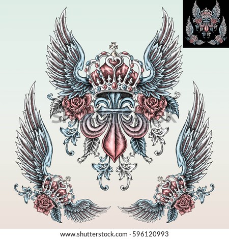 wings with crown in tattoo style