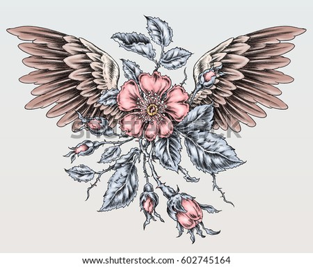 flowers with wings in tattoo style