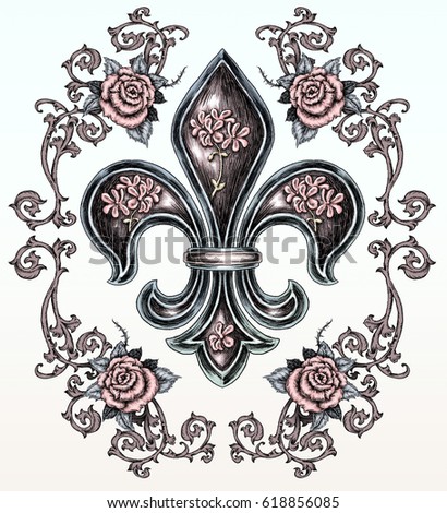 fleur de lis and rose drawing in tattoo style