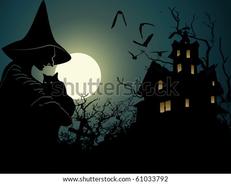 stock vector Halloween background with wich and hounted house