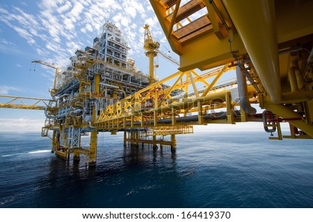 Oil And Gas Platform In The Gulf Or The Sea, The World Energy, Offshore Oil And Rig Construction.
