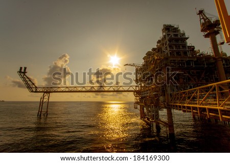 Oil and gas platform in the gulf or the sea, The world energy, Offshore oil and rig construction Platform for production oil and gas.